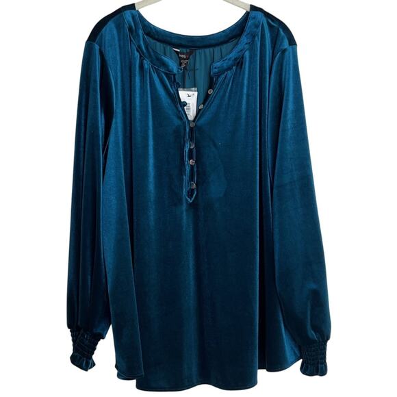 Intro Womens Tunic 2X Dark Teal Velvet Split Neck Long Sleeve Stretch Jewel Tone - Picture 1 of 8
